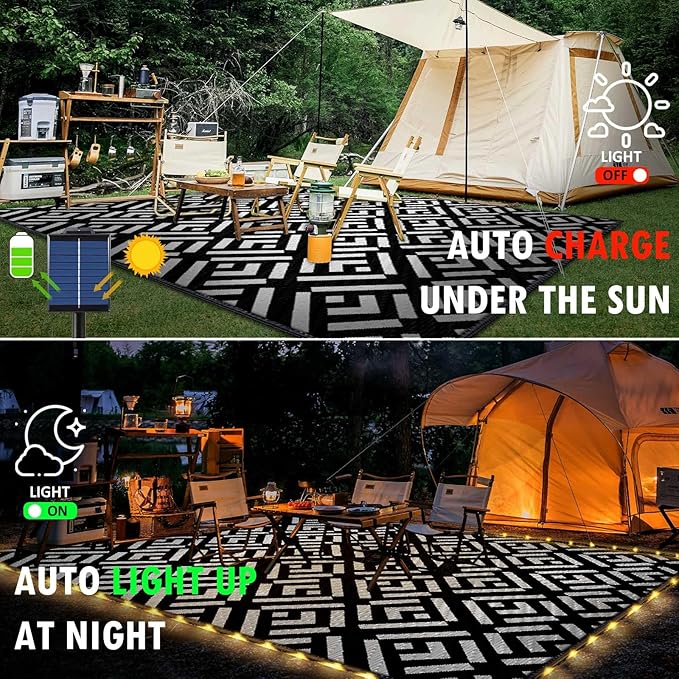 Outdoor Rug 6x9Ft, Solar Powered Outdoor Camping Rug with 93LEDs Strip Lights, Waterproof Plastic Reversible Outdoor Straw Rug, Rug Mat for RV Camping Patio Beach Balcony House Deck Picnic