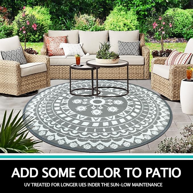 Capslpad 6Ft Round Outdoor Rug for Patios Clearance Reversible Mat Plastic Straw Patio Rugs Lightweight RV Camping Mat Circle Outside Area Rug Carpet for Balcony Deck Trailer Picnic BBQ, Grey