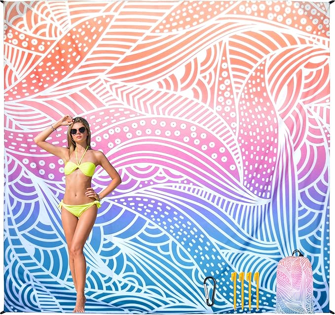 Beach Blanket Waterproof Sandproof Beach Mat for 1-8 Adults Quick Drying Durable Outdoor Picnic Mat for Beach Festival Travel Camping Hiking (Gradiant-Ripple, 120"×108"(8 Person))