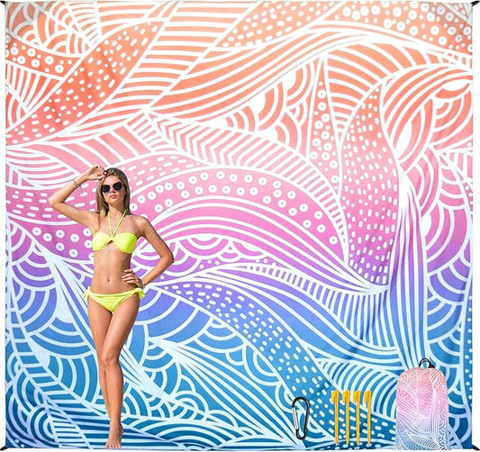 Beach Blanket Waterproof Sandproof Beach Mat for 1-8 Adults Quick Drying Durable Outdoor Picnic Mat for Beach Festival Travel Camping Hiking (Gradiant-Ripple, 120"×108"(8 Person))