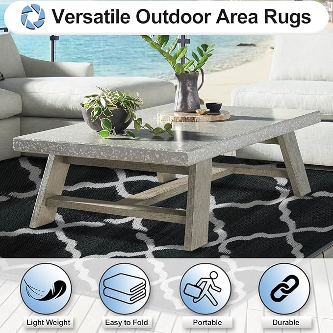 OutdoorLines Outdoor Plastic Area Rugs for Patio 9x12 ft - Reversible Outside Carpet, Stain & UV Resistant RV Mats, Straw Rug for Camping, Deck Garden, Porch and Balcony, Moroccan Black & Light Grey