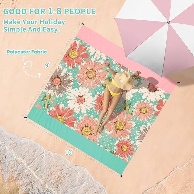BYDOLL Beach Blanket Waterproof Sandproof 10'×9' Suits1-8 Adults Compact Lightweight Oversized Sand-Free Blanket Large Picnic Mat for Beach Travel Camping Hiking