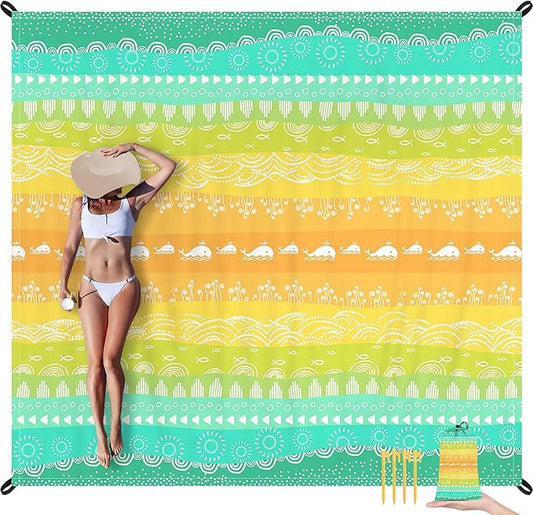 Beach Blanket Waterproof Sandproof, Large Lightweight Quick Dry Beach Mat with Storage Bag & Stakes, Portable Sand Free Picnic Blanket with Corner Pockets, Beach Vacation Essentials for Family, Friend