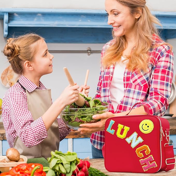 Insulated Lunch Bag Women Lunch Box Kids for Teen Girls Boys, Cute Preppy Lunch Boxes With Adjustable Shoulder Strap, Waterproof Nylon Lunchbox Lunch Bags for School Work Picnic (Red)