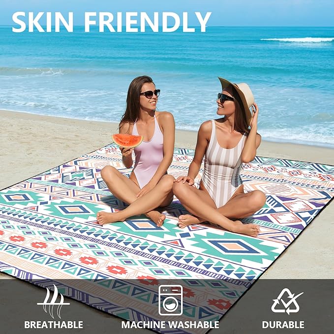 Beach Blanket, Sandproof Beach Mat, Waterproof Quick Drying Lightweight Outdoor Aztec Picnic Mat 79" X 83" for 2-4 Adults with Pocket for Travel, Camping, Hiking