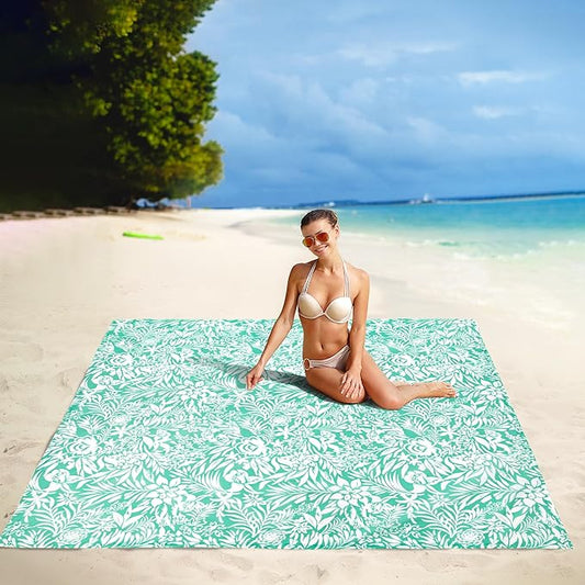 Beach Blanket, Waterproof Sandproof Beach Mat with 4 Stakes & 4 Pockets, 78''×86'' Large Compact Lightweight Sand Free Outdoor Essentials for Beach, Picnic, Travel, Camping