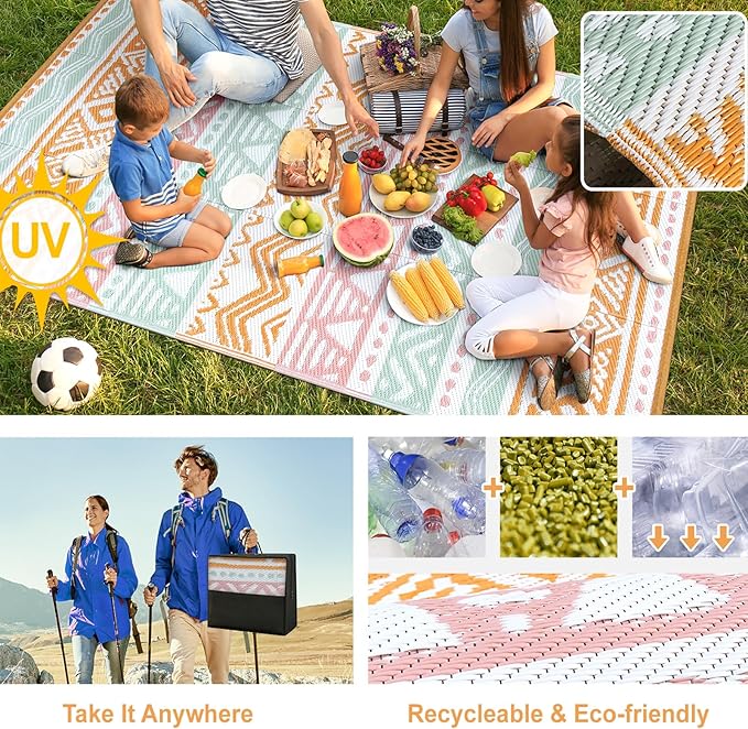 Lahome Outdoor Rug 8x10 Patio Waterproof, Reversible Outdoor Plastic Straw Rug for Camping, Large RV Outdoor Rugs Outside, Outdoor Carpet for Porch Deck Backyard Picnic(Pink/Orange,8'x 10')