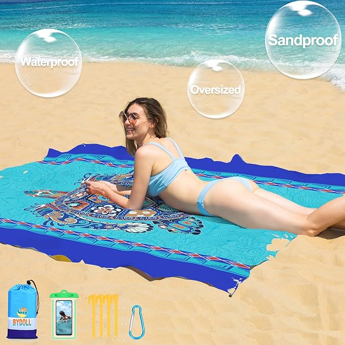 BYDOLL Beach Blanket Waterproof Sandproof 78''×81'' 1-7 Adults Oversized Lightweight Large Picnic Mat Waterproof Sandproof Blanket for Beach