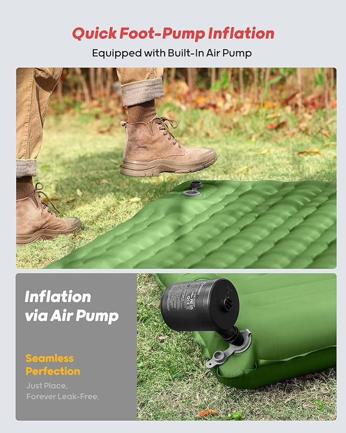 QPAU Camping Sleeping Pad, 2 Person Camping Mat, Enhanced Support for Healthy Comfort Sleep, with Built-in Foot Pump, 4.7 Inch Durable Sleeping Mattress, Hiking, Backpacking and Home - Green-1