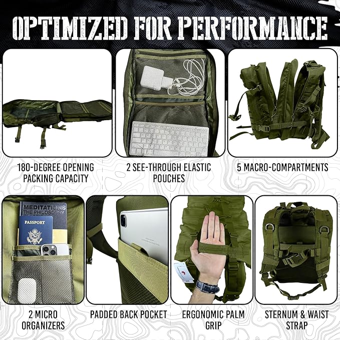 45L Elite Tactical Backpack | 3X Stronger Work & Military Backpack | Water Resistant and Heavy Duty | 3 Day MOLLE Bug Out Bag (Olive Green)