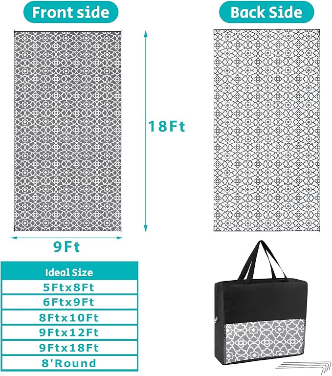 HEBE Outdoor Rug 9'x18' for Patios Waterproof Clearance Reversible Patio Mat Plastic Straw Rug RV Camping Mat Outside Area Rug Carpet for Camping RV,Porch,Deck,Balcony,Camper,Backyard