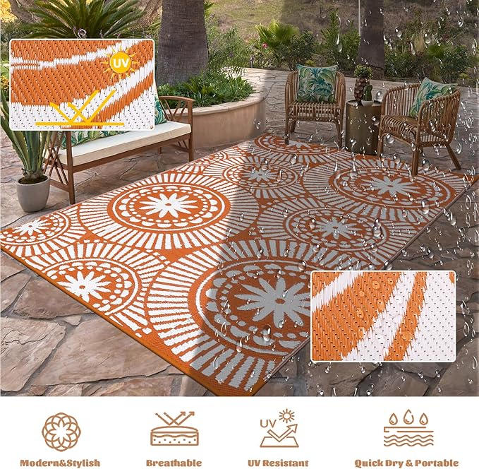 Ileading Large Plastic Outdoor Rug 9x12ft Modern Geometric Style Reversible Patio Area Rugs Waterproof Non Shedding Portable Carpets for Rv Outside Deck Pool Beach Picnic Camping (Orange)