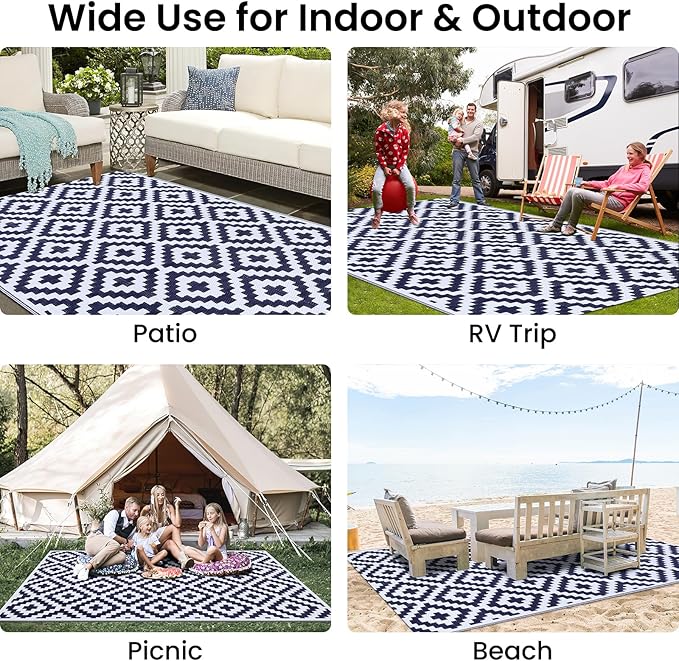 Smiry Waterproof Outdoor Rug 4x6 ft, Reversible Plastic Straw Patio Camping Rugs, Outdoor Indoor RV Mat Carpet for Patio, Outside Entry, Backyard, Deck, Bench, Picnic, Camper, White & Navy
