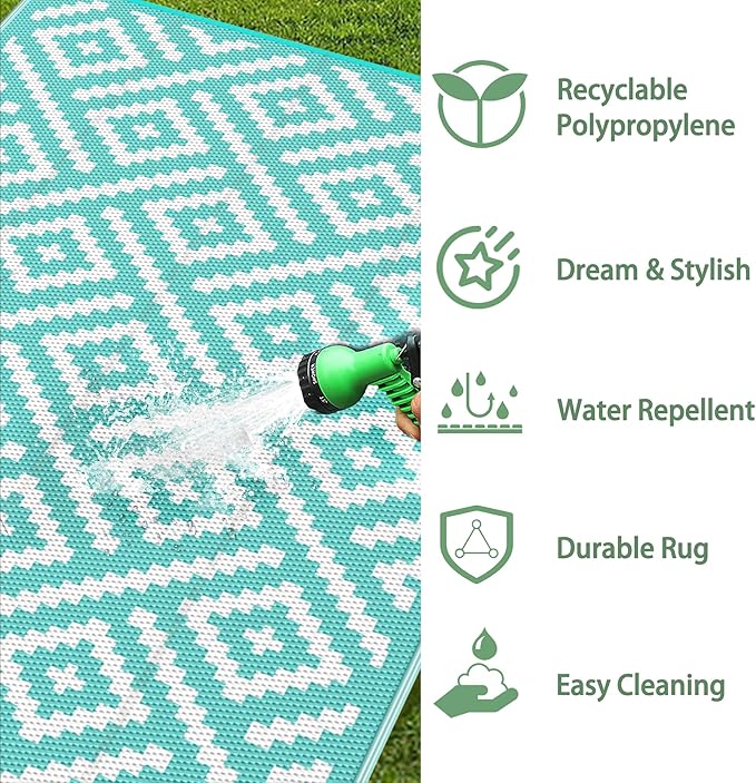 GENIMO Outdoor Rug for Patio Clearance, 6'x9' Waterproof Camping Mat, Reversible Plastic Straw Rugs for RV, Camper, Balcony, Backyard, Picnic, Deck (Aqua Blue & White)