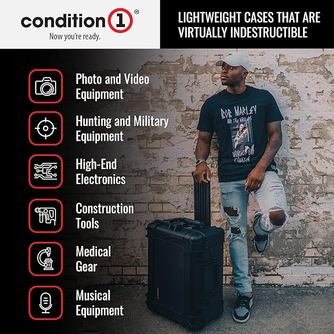 Condition 1 25" Large Rolling Hard Travel Case Model 287 Lockable Storage Box, Waterproof Dustproof Protective Luggage with Handle, Made in USA, 24.53"x19.55"x10.95" Black