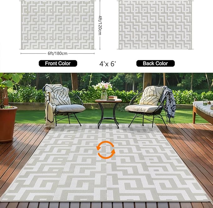 Outdoor Patio Plastic Straw Rug - 4'x6' Outdoor Camping Rug Waterproof Reversible, Area Carpet Patios Clearance RV, Outside Porch Balcony Deck for Camper, Grey & White