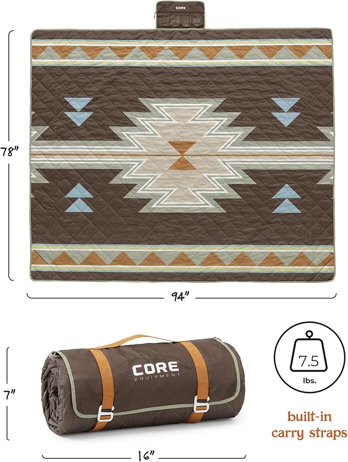 CORE Outdoor Weighted Blanket | Packable Waterproof Picnic Blanket, Beach Mat, Tent Camping Rug, & Stadium Blanket | Large Portable 94" x 78" Quilt Design with Built-in Straps and Carry Handle
