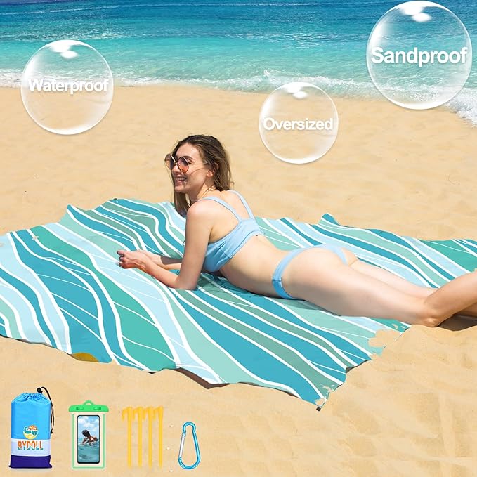 BYDOLL Beach Blanket Waterproof Sandproof 78''×81'' 1-7 Adults Oversized Lightweight Large Picnic Mat Waterproof Sandproof Blanket for Beach