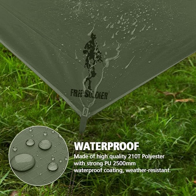 FREE SOLDIER Camping Tarp Waterproof Portable Multifunctional Outdoor Camping Traveling Awning Backpacking Shelter Rain Tarp (Dark Green 10×13ft)