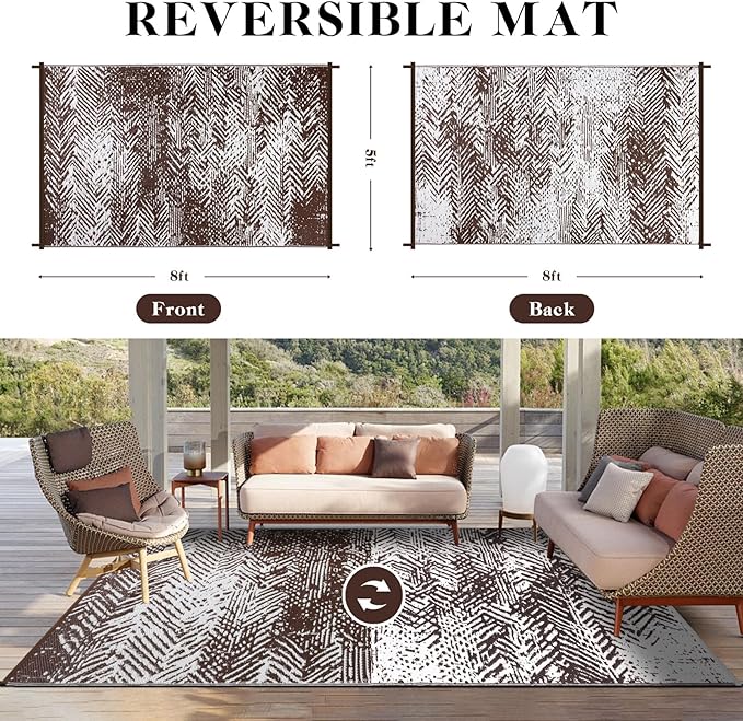 Outdoor Patio Rug 5x8 Brown, Waterproof Modern Reversible Outdoor Plastic Straw Rugs RV Camping Mat UV-Resistant Outside Carpet Portable Area Mats for Garden Balcony Deck Picnic Beach