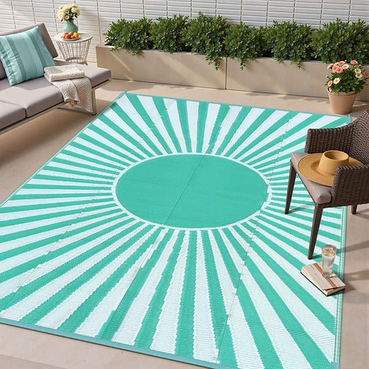 Wonnitar 5x8 Waterproof Outdoor Rug - Reversible Plastic Straw Patio Rug, Portable Outside Carpet for Camping, Indoor Outdoor Mat for Deck Backyard RV Garden Picnic (Blue-Green, 5'x8')