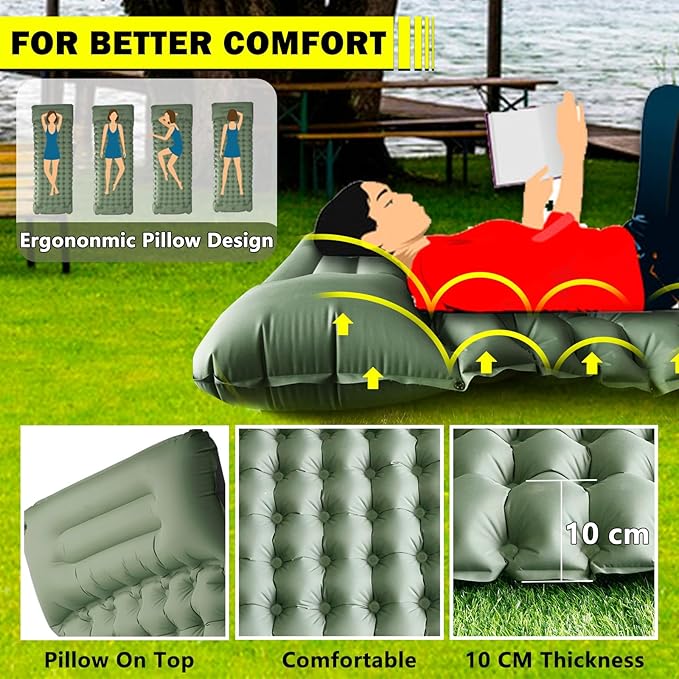 Green Self Inflating Sleeping Pad for Camping, Outdoor Camping Mattress Pad Inflatable Sleeping Mat, Single Air Mattress with Pillow, Inflatable Sleeping Mat Camping Pad for Hiking Car Tent