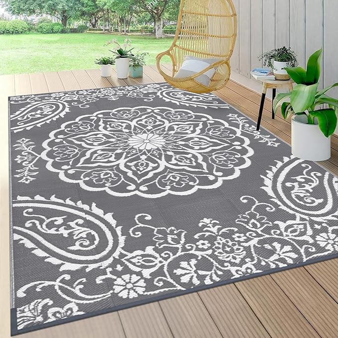 Pauwer Waterproof Outdoor Rug 5x8, Reversible Plastic Straw Patio Camping Rug, Indoor Outdoor RV Mat Carpet for Deck, Camper, Porch, Balcony, Backyard, Picnic, Boho Grey