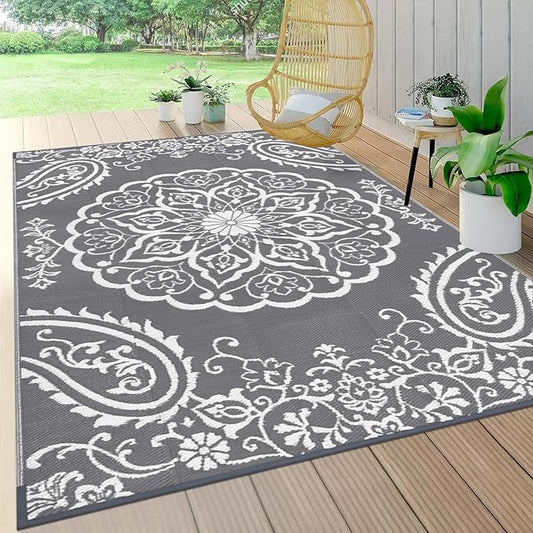 Pauwer Waterproof Outdoor Rug 5x8, Reversible Plastic Straw Patio Camping Rug, Indoor Outdoor RV Mat Carpet for Deck, Camper, Porch, Balcony, Backyard, Picnic, Boho Grey