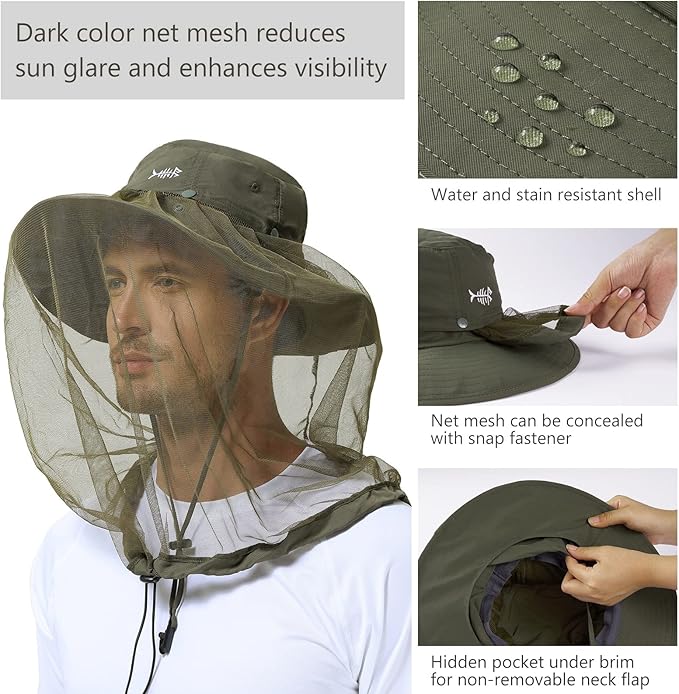 BASSDASH UPF 50+ Mosquito Sun Hat with Hidden Head Net and Neck Flap for Men Women Outdoor Fishing Hiking Camping FH16