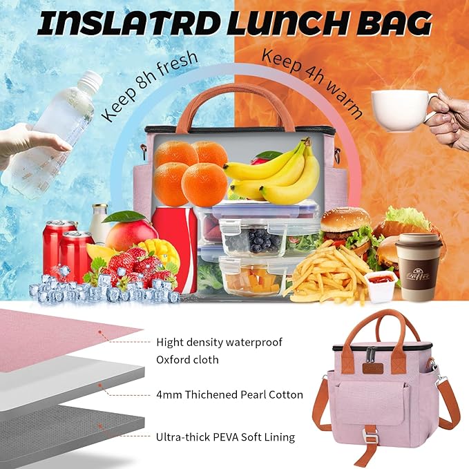 Joymee Insulated Lunch Bag for Women/Men, Waterproof Lunch Box for Office Work Picnic Beach, Reusable Large Leakproof Cooler Tote Bag with Adjustable Shoulder Strap & Side Pocket, Pink