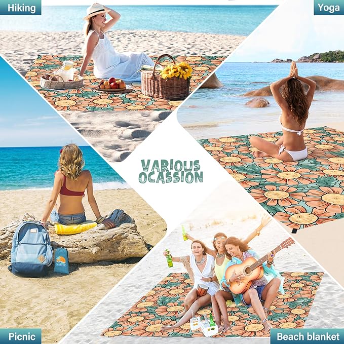 Beach Blanket Waterproof Sandproof 1-7 Adult Oversized 78 '' × 81 '' Lightweight Durable Compact Sand Free Beach Mat for Travel Camping Hiking Picnic Blanket Extra Large