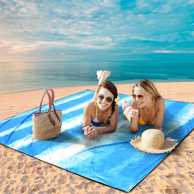 Beach Blanket Waterproof Sandproof Beach Mat 79" X 83" /10'x9'for 2-8 Adults Quick Drying Outdoor Picnic Mat Beach Accessories for Travel, Camping, Hiking