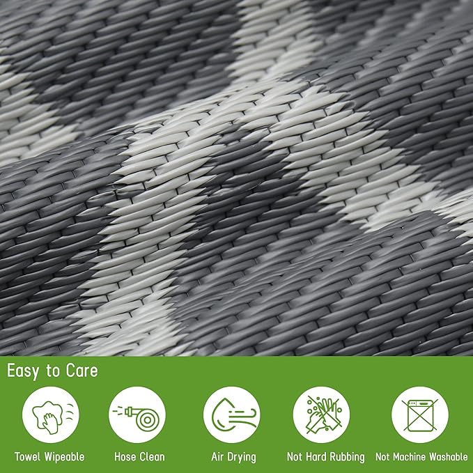 Easy-Going Reversible Outdoor Rugs 4x6ft Waterproof Plastic Straw Rug Stain & UV Resistant Floor Mat for Patio Porch RV Backyard Pool Deck Picnic Beach Trailer Camping (Moroccan Grey & Light Grey)