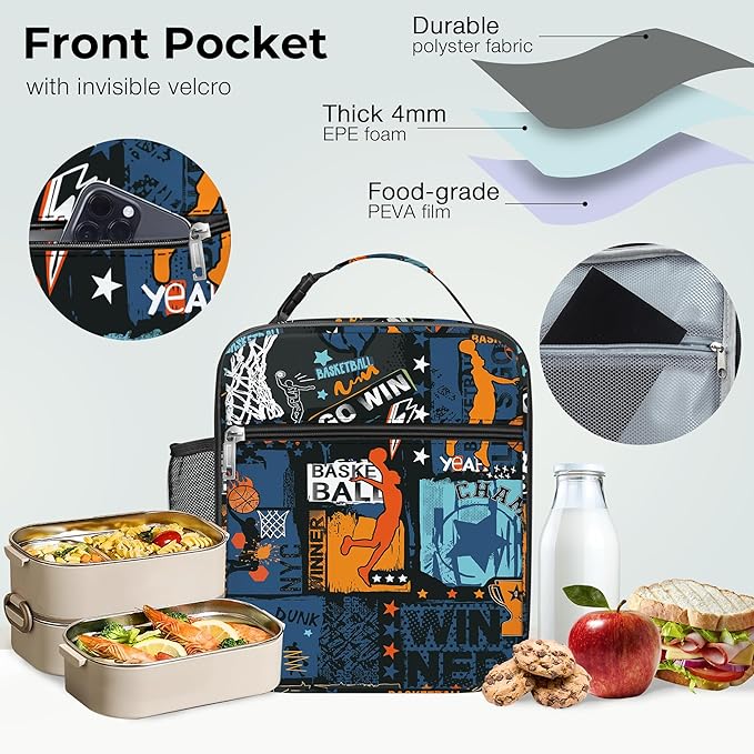 Clastyle Black Street Basketball Insulated Lunch Bag for Kids, Portable Large Thermal Cooler Lunch Bag for Boys, School Lunch Box Bag with Bottle Holder