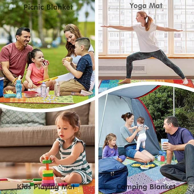 Extra Large Picnic Blankets Waterproof Foldable (60"x 80") Boho Beach Blanket Waterproof Sandproof,3-Layer Thicking Mat Outdoor Packable Camping Blanket