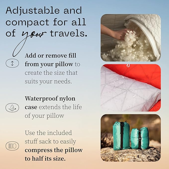 Coop Home Goods Original Adjustable Travel Pillow and Waterproof Pillow Protector Grey Bundle with Compressible Stuff Sack, Medium-Firm Memory Foam and Washable Cover, CertiPUR-US Certified (19x13)