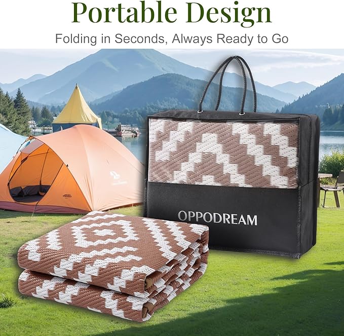 OPPODREAM Outdoor Rug 9x12 Patio Waterproof, Large Outdoor Plastic Straw Rug, Reversible Out Door Carpet for Camping, Deck, Rv, 9 x 12 Area Carpet for Balcony, Porch, Backyard, White and Brown