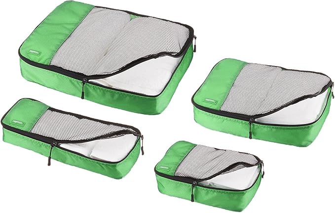 Amazon Basics Packing Cubes for Travel, Packing Organizers Set, 4-Piece-Set (Slim, Small, Medium, Large) With Double Zipper Pulls and Mesh Top Panel, 100% Durable Polyester, Green