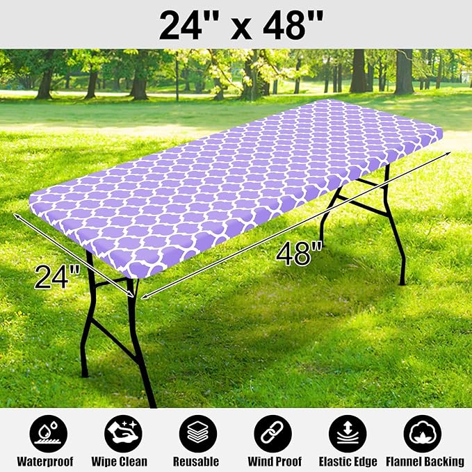Smiry Rectangle Picnic Table Cover, Waterproof Elastic Fitted Camping Tablecloths for 4 Foot Tables, Wipeable Flannel Backed Vinyl Tablecloth Protector for Indoor, Outdoor (Lavender, 24x48 Inches)
