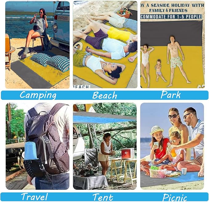 Beach Blanket Sandproof Waterproof, Beach Essentials Extra Large Beach Mat, 79" X 55" Oversized Durable Outdoor Picnic Mat Storage Bag for 1-4 Adults, Beach Accessories for Travel, Camping, Hiking