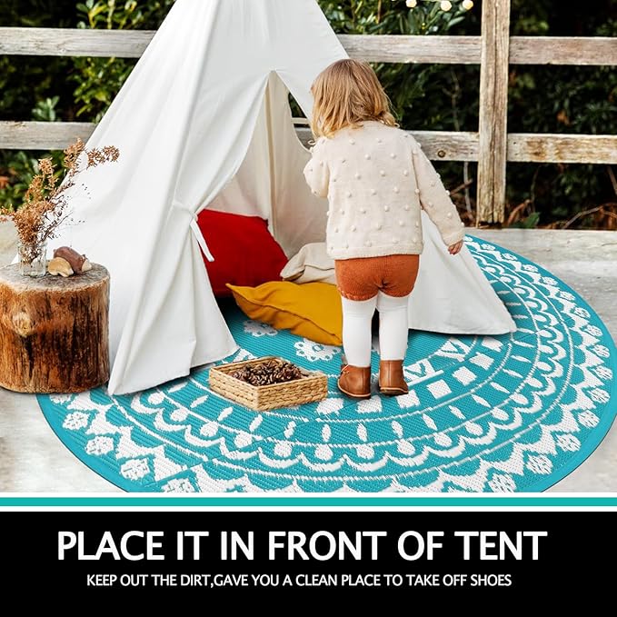 Capslpad 6Ft Round Outdoor Rug for Patio Clearance Boho Reversible Mat Waterproof Outdoor Plastic Straw RV Camping Rug Outside Circle Area Rug for Porch Deck Terrace Picnic Beach Apartment, Teal