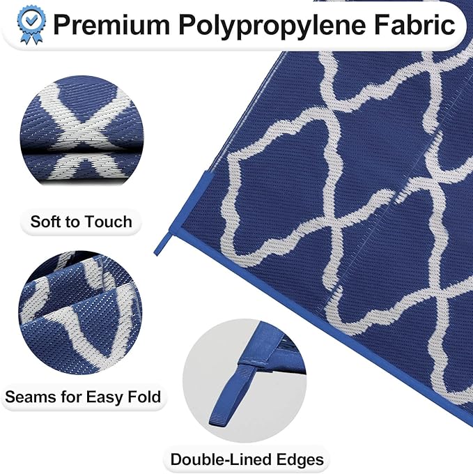 OutdoorLines Outdoor Plastic Area Rugs for Patio 4x6 ft - Reversible Outside Carpet, Stain & UV Resistant RV Mats, Straw Rug for Camping, Deck Garden, Porch and Balcony, Moroccan Navy & Light Grey