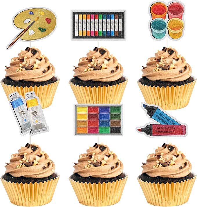 Art Palette Cupcake Toppers,Painting Themed Happy Birthday Party Decor, Artist Palette Graffi Paint Brush Boy Girl Party Decorations Supplies,Rainbow Glitter Set of 18