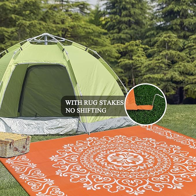 Pauwer Waterproof Outdoor Rug 8x10, Reversible Plastic Straw Patio Camping Rug, Indoor Outdoor RV Mat Carpet for Deck, Camper, Porch, Balcony, Backyard, Picnic, Floral Orange