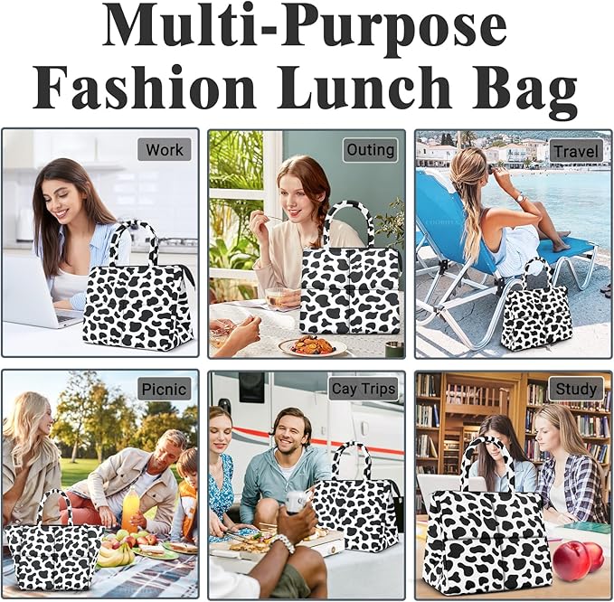 Coobiiya Stylish Quilted Puffer Lunch Box Lunch Bag for Women Men, Ultralight Thickened Leakproof Lunch Cooler Tote, Adult Small Cute Reusable Insulated Lunch Box for Work, Office, Travel (Cow)