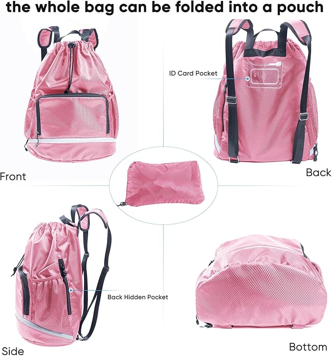 Beach Swim Bag Sports Drawstring Backpack - Gym Bag with Shoes Compartment and Waterproof Pocket for Accessories, Swim Essentials - Workout Bag