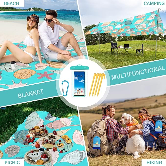 BYDOLL Beach Blanket Waterproof Sandproof 78''×110'' Suits1-7 Adults Compact Lightweight Oversized Sand-Free Blanket Large Picnic Mat for Beach Travel Camping Hiking