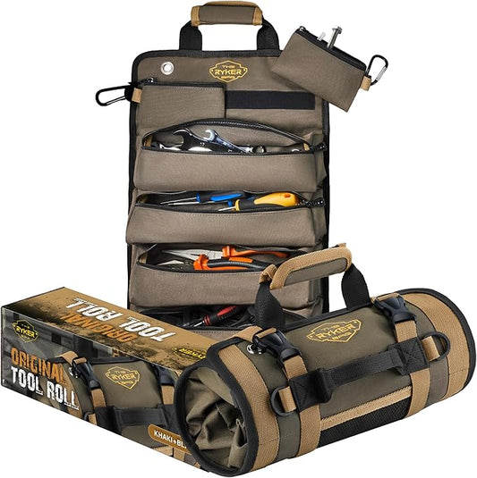 The Ryker Roll Up Tool Bag Organizer Gifts for Dad. Heavy Duty Motorcycle Tool Roll Bag Organizer. Portable Rollup Toolbag w/Detachable Pouches - Tools Bags Mens gifts for him/Mechanic (Khaki+Black)
