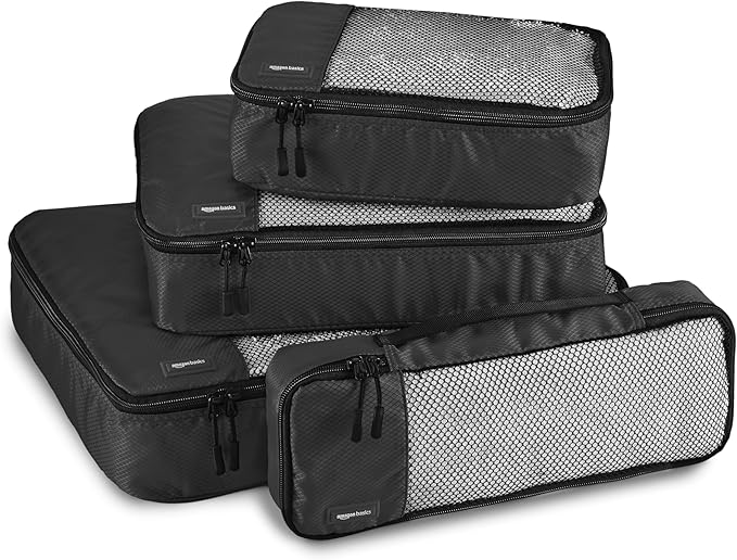Amazon Basics Lightweight Packing Cubes Travel Organizer Set with Double Zipper, Mesh Top, Small, Medium, Large, Slim, Black, 4 Piece