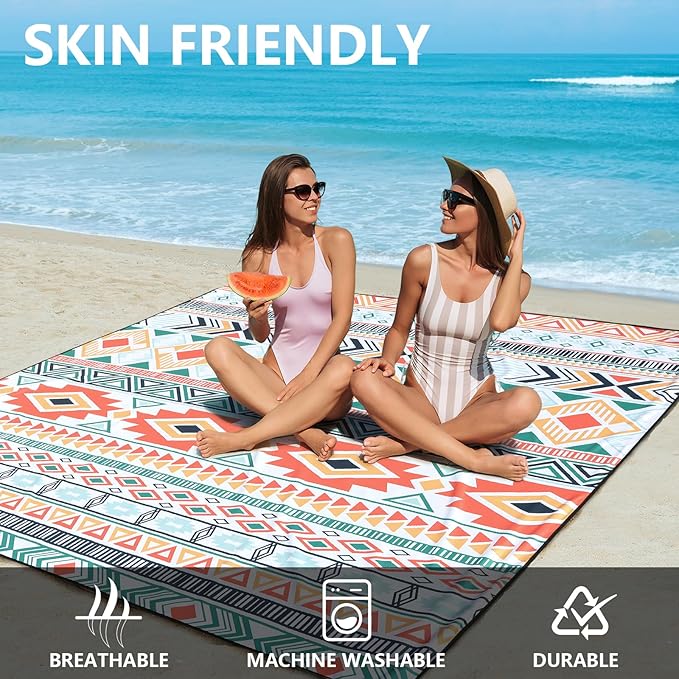 Beach Blanket, Sandproof Beach Mat, Waterproof Quick Drying Lightweight Outdoor Aztec Picnic Mat 79" X 83" for 2-4 Adults with Pocket for Travel, Camping, Hiking